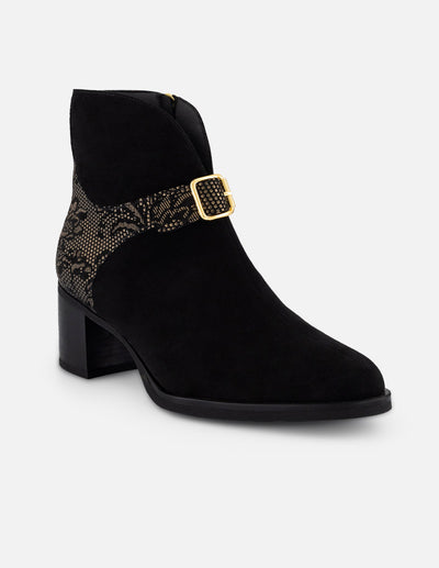 Botines negro ante para mujer con combinación de materiales