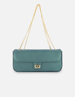 Satchel azul piel charol para mujer con acabado metalizado