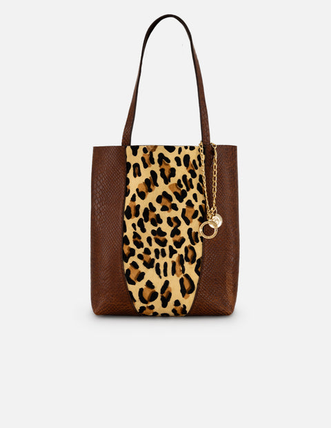 Bolso pelo animal print para mujer con combinación de materiales