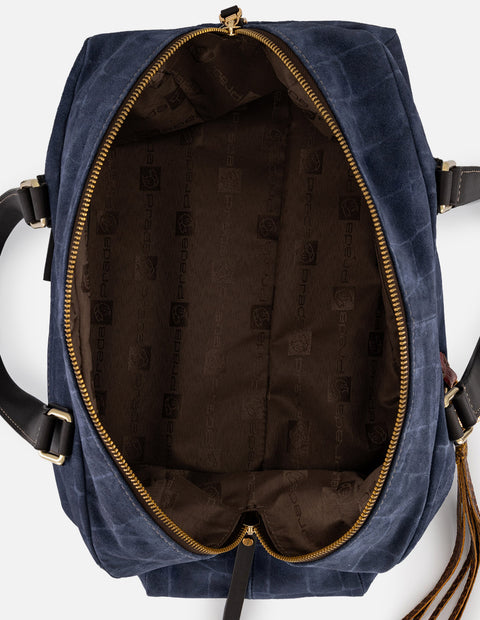 Bolso Bowling azul ante grabado tipo coco para mujer con colgante