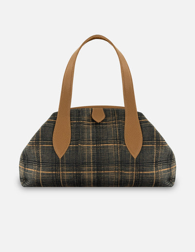 Bolso Bowling color café piel textil con estampado tipo gales para mujer