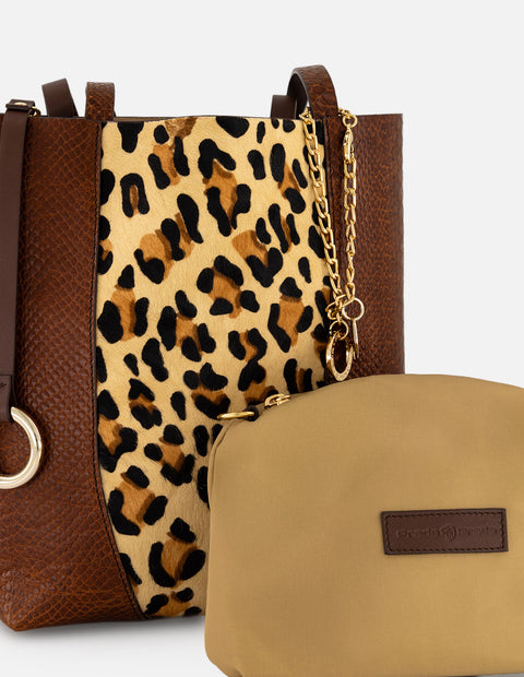 Bolso pelo animal print para mujer con combinación de materiales