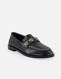 Mocasines negros charol para mujer con antifaz decorado