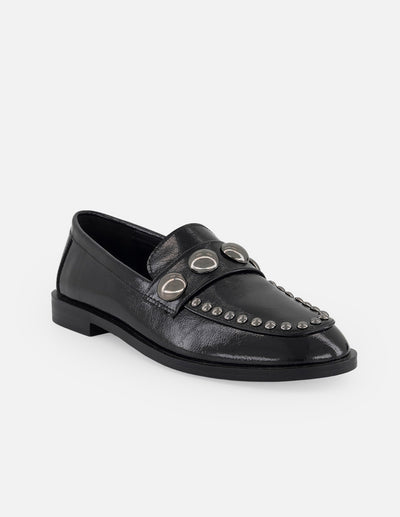 Mocasines negros charol para mujer con antifaz decorado