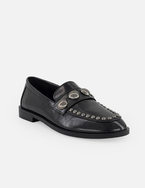 Mocasines negros charol para mujer con antifaz decorado