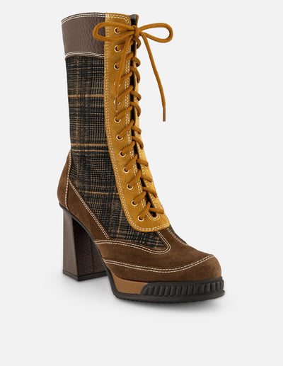 Botines color café piel textil con estampado tipo gales para mujer