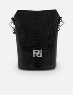 Bolso bucket negro vegano para mujer con placa metálica