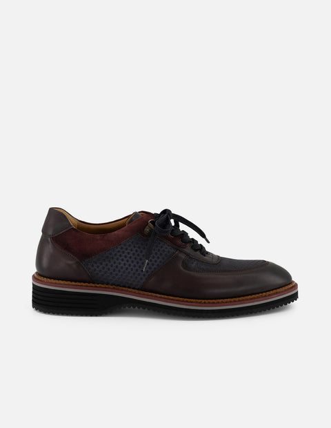 Zapato Oxford vino piel y ante para hombre con combinación de materiales