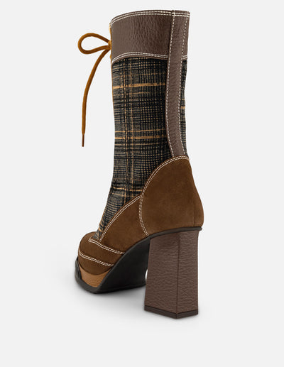 Botines color café piel textil con estampado tipo gales para mujer