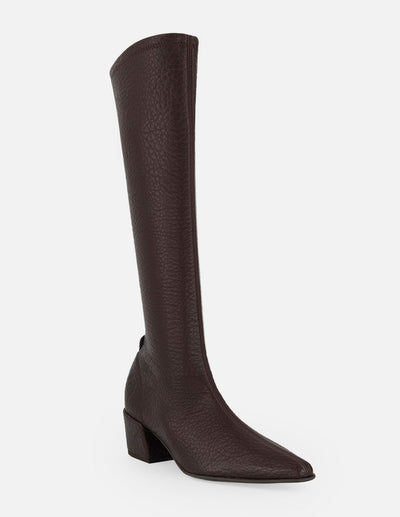 Bota café lycra piel para mujer con grabado tipo bombeado