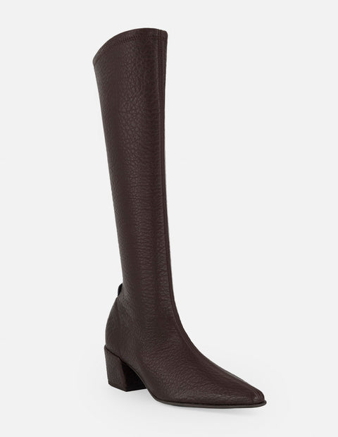 Bota café lycra piel para mujer con grabado tipo bombeado