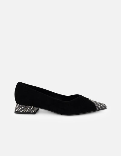 Flats negro ante para mujer con combinación de materiales