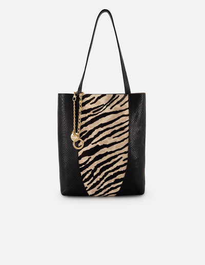 Bolso negro pelo para mujer con combinación de materiales