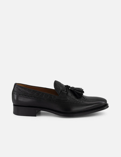 Mocasines negros piel tipo coco para hombre con borlas
