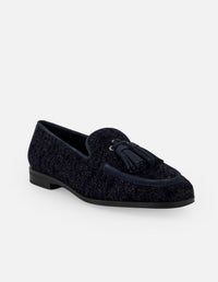 Mocasines azules para mujer con borlas y tweed