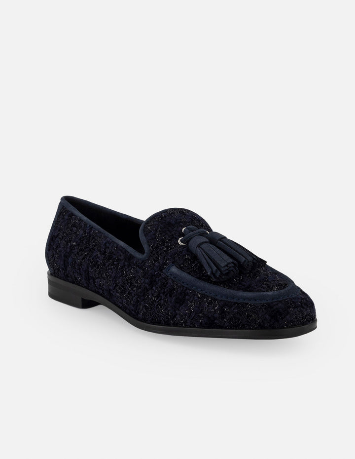Mocasines azules para mujer con borlas y tweed