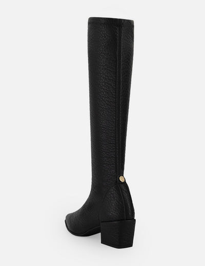 Bota negra lycra piel para mujer con grabado tipo bombeado