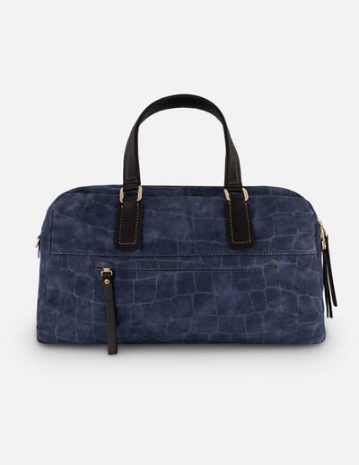 Bolso Bowling azul ante grabado tipo coco para mujer con colgante