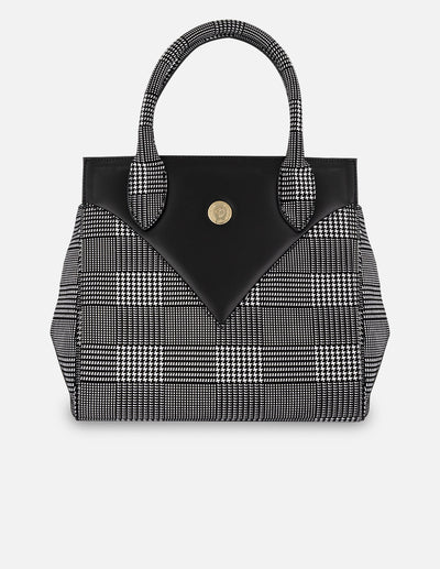 Bolso de mano negro ante y piel para mujer con textil de cuadros