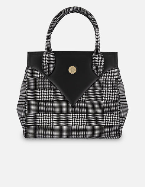 Bolso de mano negro ante y piel para mujer con textil de cuadros