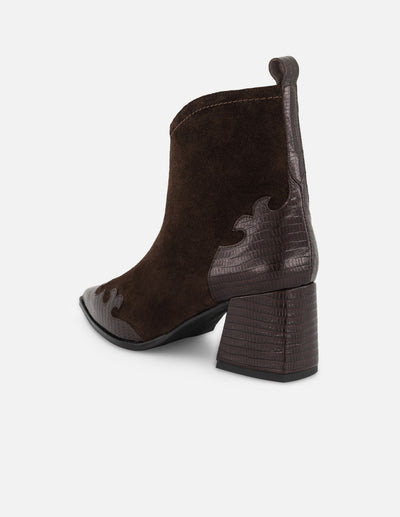 Botines café grabado tejus para mujer en combinación de materiales