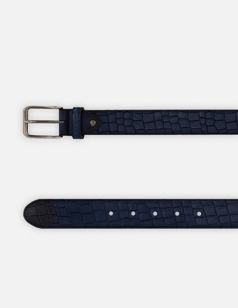 Cinturón azul piel tipo coco para hombre con grabado