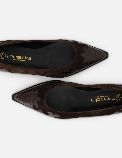 Flats café grabado tejus para mujer con combinación de materiales
