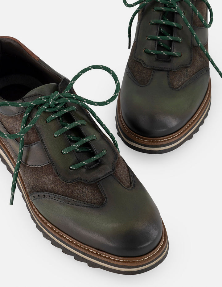 Zapato Oxford verde piel para hombre con combinación de materiales