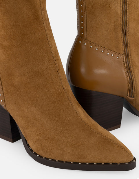 Botines café lycra y ante para mujer con aplicaciones