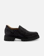 Mocasines negro piel para mujer con antifaz en pala
