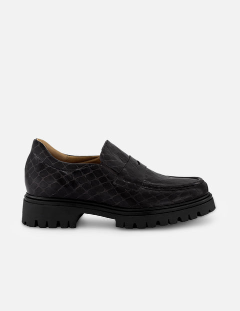 Mocasines negro piel para mujer con antifaz en pala
