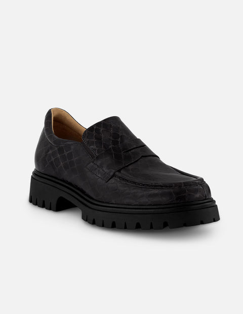 Mocasines negro piel para mujer con antifaz en pala