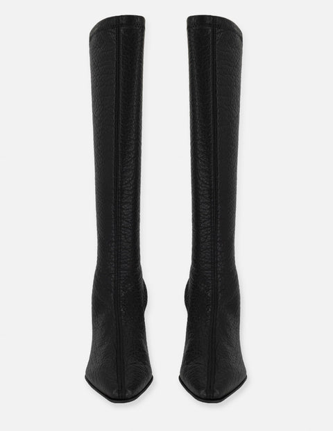 Bota negra lycra piel para mujer con grabado tipo bombeado