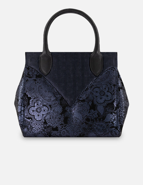 Bolso de mano azul ante para mujer con botón y león