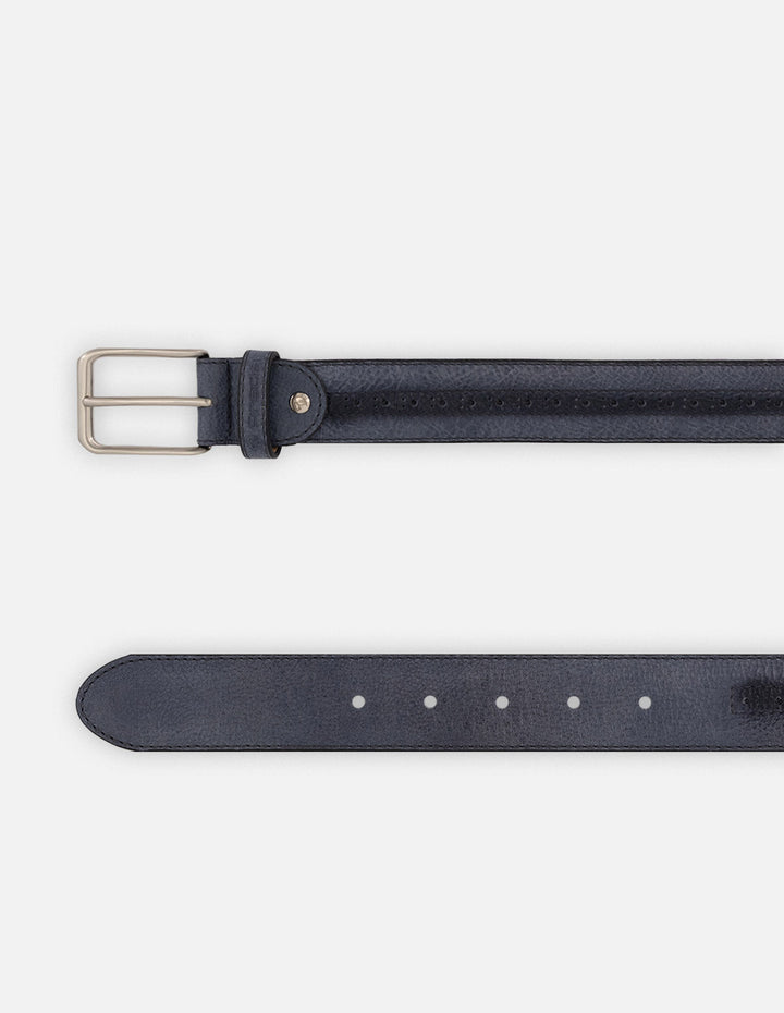 Cinturón azul piel para hombre con detalle picado