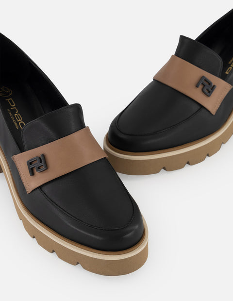 Mocasines negro piel para mujer con logo Pd