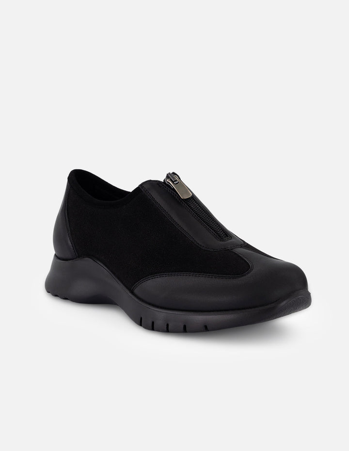 Tenis negro antelina para mujer con combinación de materiales