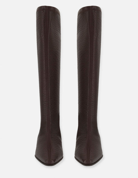 Bota café lycra piel para mujer con grabado tipo bombeado