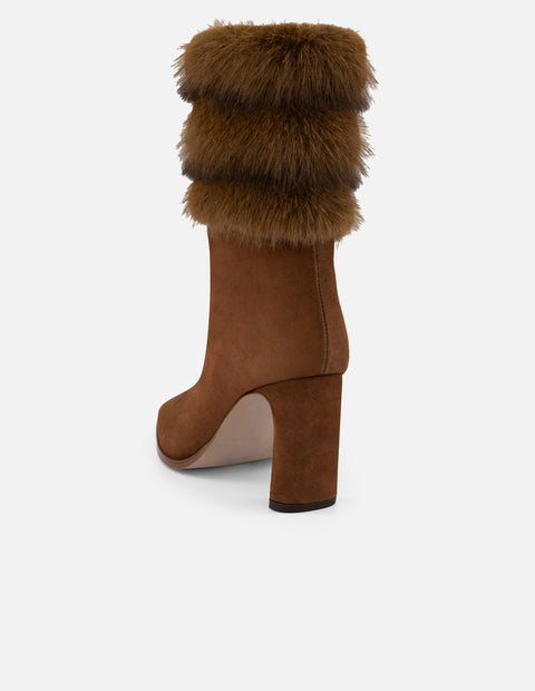 Botines café ante y pelo para mujer con herraje frontal