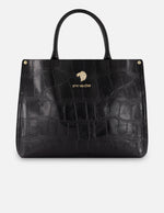 Bolso de mano negro piel tipo coco para mujer con logo frontal