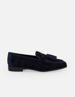 Mocasines azules para mujer con borlas y tweed