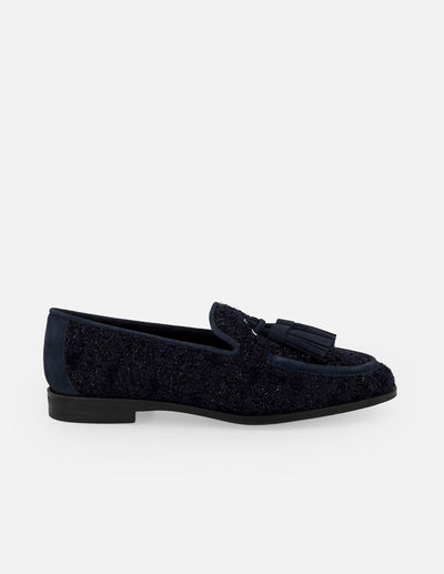 Mocasines azules para mujer con borlas y tweed